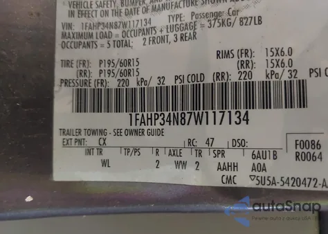 2007 Ford Focus S/Se/Ses z USA, uszkodzony, nr VIN 1FAHP34N87W117134